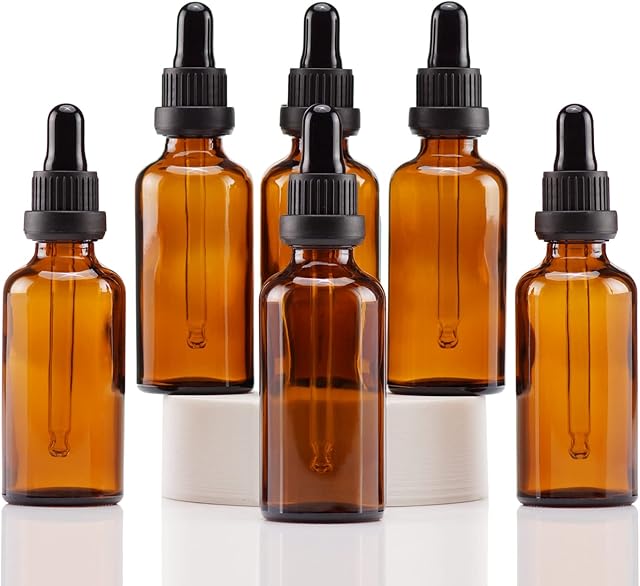 Yizhao Amber Glass Dropper Bottles 50ml, with Glass Pipette Dropper, for Essential oil, Aromatherapy, Laboratory, Massage, Makeup, Mixing, Travel 6Pcs