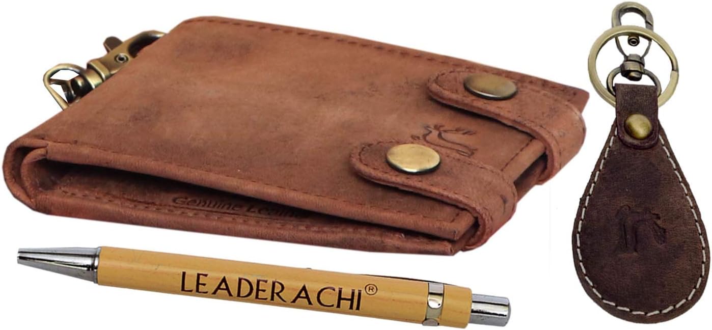 LEADERACHIGenuine Vintage Leather Bi fold Wallet with Designer Leather Key Ring & Wooden Pen Combo Gift Box for Mens.(WKP-10)
