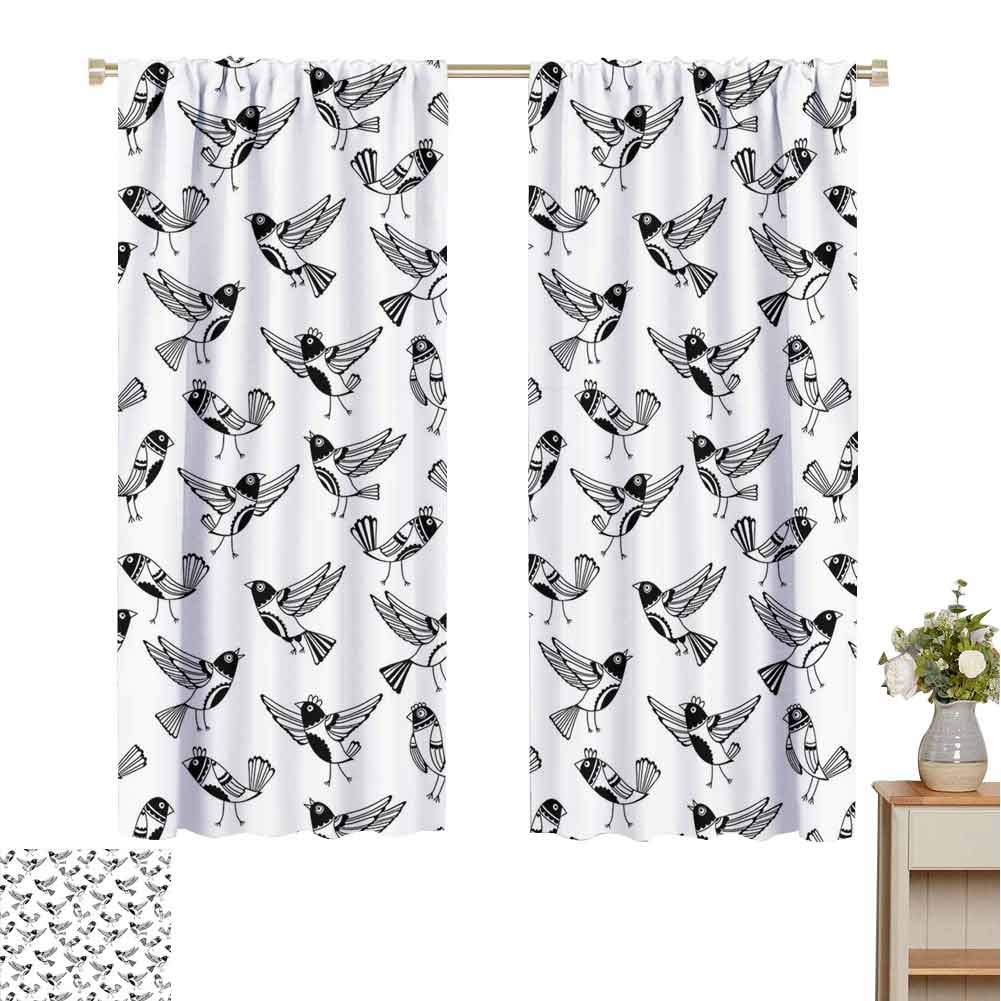 hengshu Black and White Light Blocking Curtains for Living Room Doodle Style Sketch Childrens Cartoon Birds with Funny Curious Expressions Bedroom Curtains Decor W100 x L63 Inch Black White