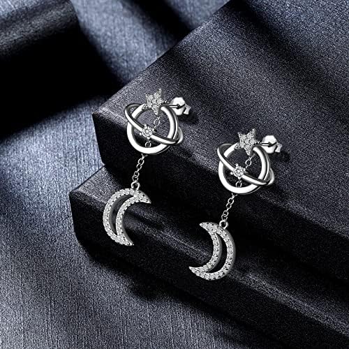 Fasjewly Women Moon Star Dangle Hoop Earrings,Silver Plated Crystals Earth Planet Stud Earrings Multiple Piercings Styles Jewellery