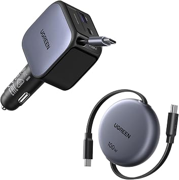 UGREEN 60W 2C1A Retractable Car Charger Bundle with 100W Retractable USB C Cable