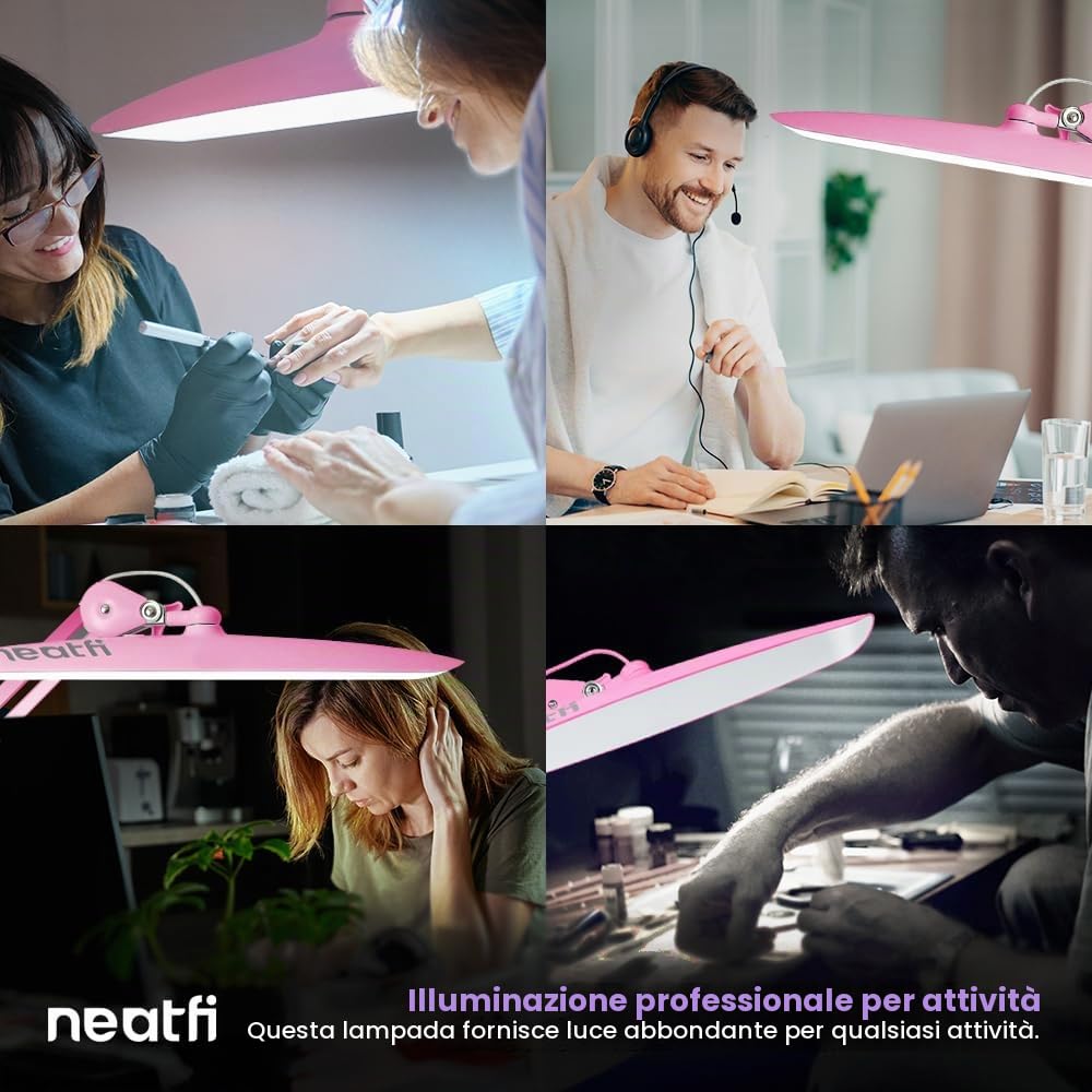 Neatfi XL Lampada da Scrivania LED 2200 Lumen 24W con Morsetto – Illuminazione Senza Ombre | 4 Livelli di Intensità | Ufficio Domestico e Hobby | Testa Larga 50 cm (Rosa, Non-CCT con morsetto)