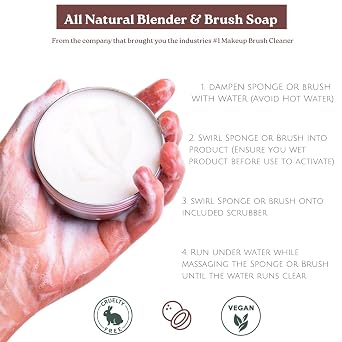 CINEMA SECRETS All Natural Vegan Brush Soap & Blender Bundle, coconut oil based, scrubber included.