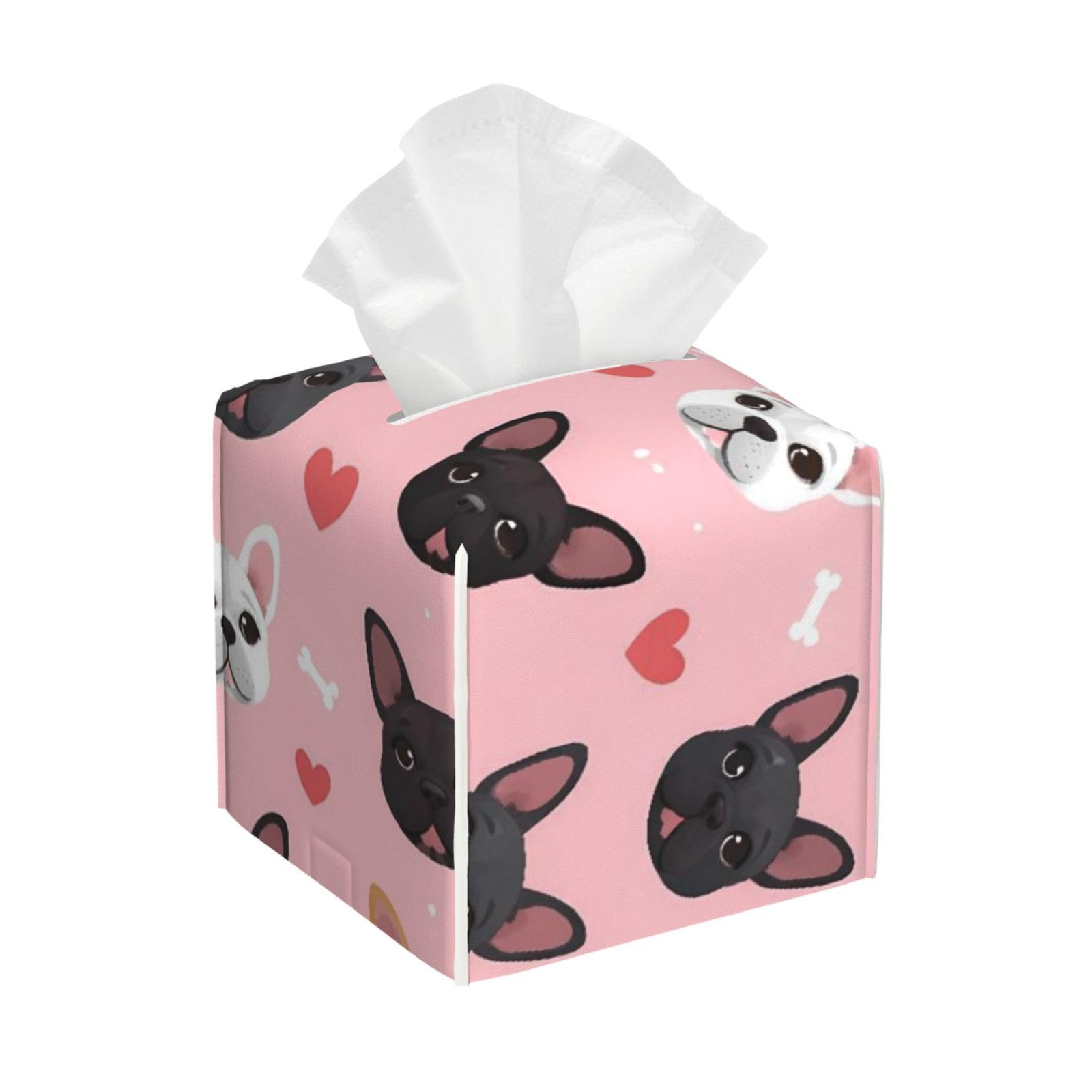 I Love French Bulldogs Cute Leather Tissue Box Cover Holder Square Facial Paper Organizer 5.2" X 5.2" X 5.2"