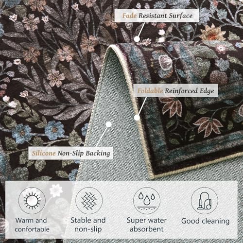 Image of Floral Entryway Rug, 2x3 Kitchen Rugs Non Slip Washable Traditional Design Vintage Floral, Soft Door Mat Indoor Entrance, Ultra-Thin Easy Clean Small Throw Carpet for Bedroom Bathroom