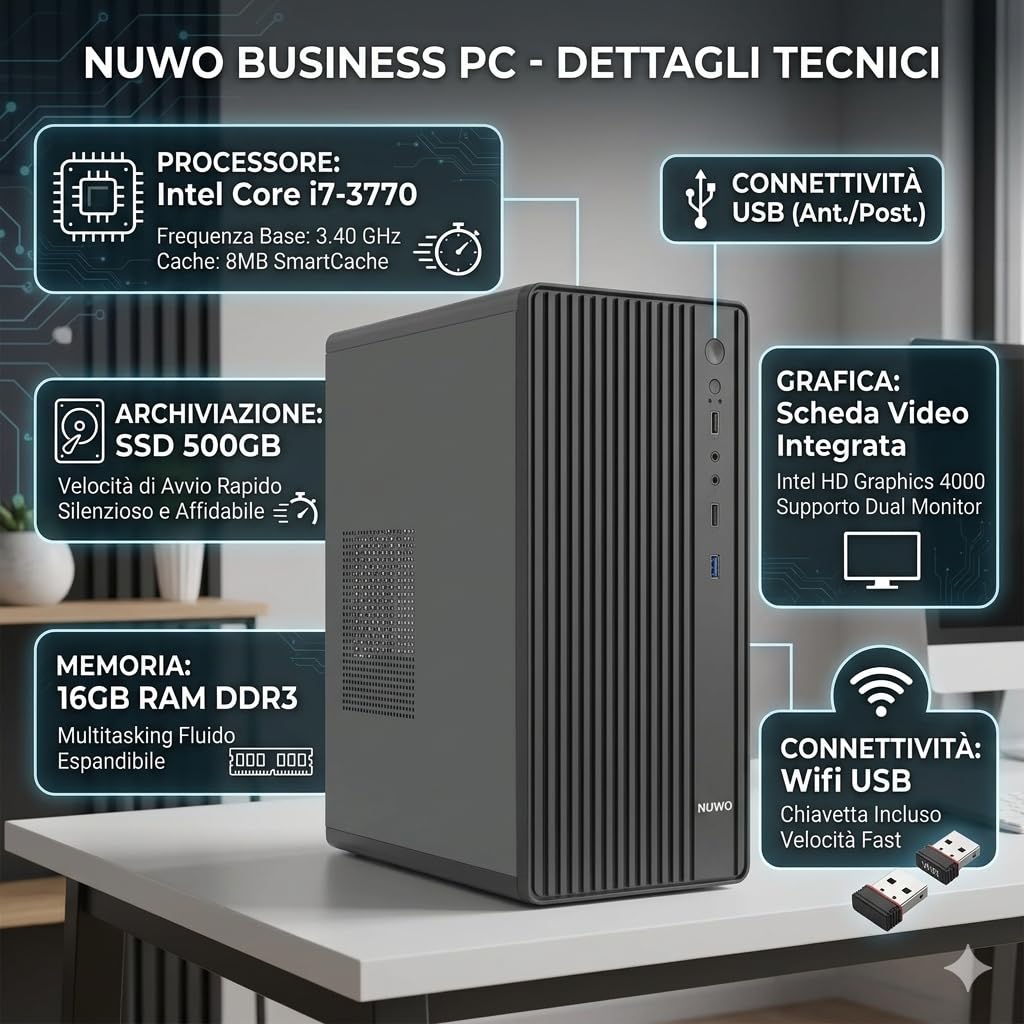 Pc Fisso i7 Intel Core Cpu fino a 3.80ghz, 16gb Ram, Ssd da 500gb, Wifi Incluso USB,Usb 3.0 VGA HDMI, Windows 11 Pro, Office 2019, Computer PC Desktop completo per ufficio,casa pronto all'uso