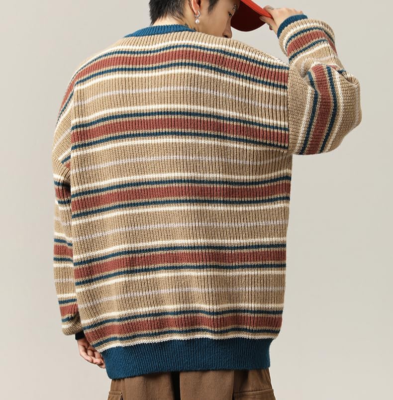 POHADON Mens Y2k Striped Sweater Vintage Aesthetic Grandpa Knitted Pullover Tops Long Sleeve Crewneck Women Grunge Clothes - Image 3