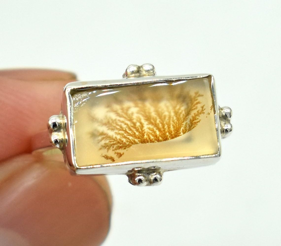Gemma Amor Natural Plume Agate Ring, Handmade Solid 925 Sterling Silver, Rectangular Dendritic Agate with Golden Plume Inclusion. Gift Idea for Her