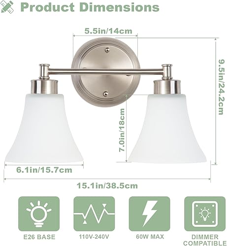 Miniatura 5 de LOUSACE Lámpara de tocador de baño de 2 luces de níquel cepillado sobre espejo con vidrio esmerilado blanco ópalo, accesorio de iluminación de pared