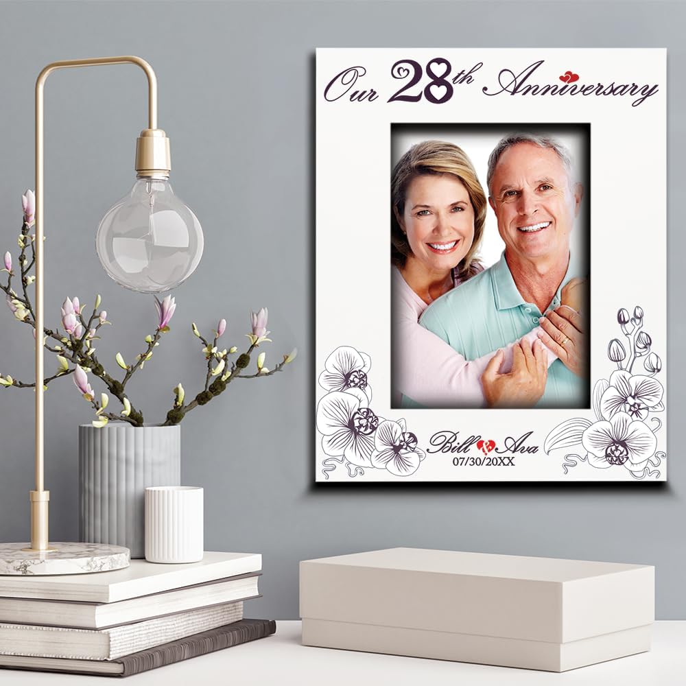 BELLA BUSTA-Personalize 28 Years Anniversary-Contemporary/Modern Gift Orchid Theme Design for 28th Anniversary-UV Print Picture Frame-Anniversary for couple(5x7 Vertical)