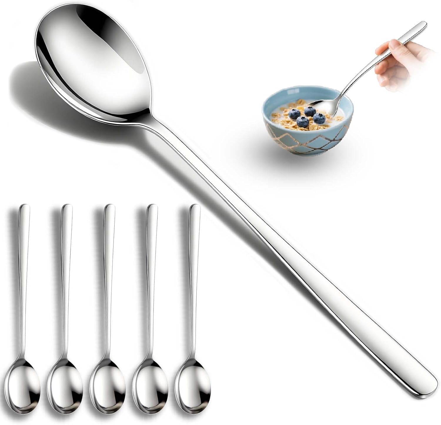 Korean Spoons, 6 Pieces Stainless Steel Mixing Spoons, 8 Inch Rice Spoons with Long Flat Handle, Shallow Design for Easy Scooping - Dishwasher Safe Flatware Set for Home Kitchen-image-13