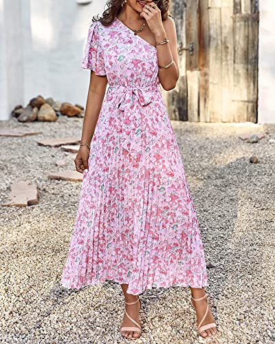 Btfbm Women's 2023 Boho Summer One Shoulder Maxi Dresses Short Sleeve Floral Solid Belted Pleated Wedding Guest Dress(Floral Pink, Small) #TOP2
