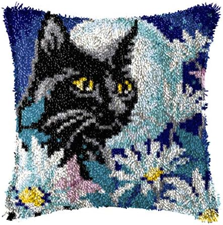LAPATAIN Latch Hook Kits for DIY Throw Pillow Cover,Black Cat Needlework Cushion Cover Hand Craft Crochet for Great Family 17x17inch