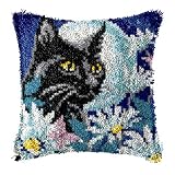 LAPATAIN Latch Hook Kits for DIY Throw Pillow Cover,Black Cat Needlework Cushion Cover Hand Craft Cr