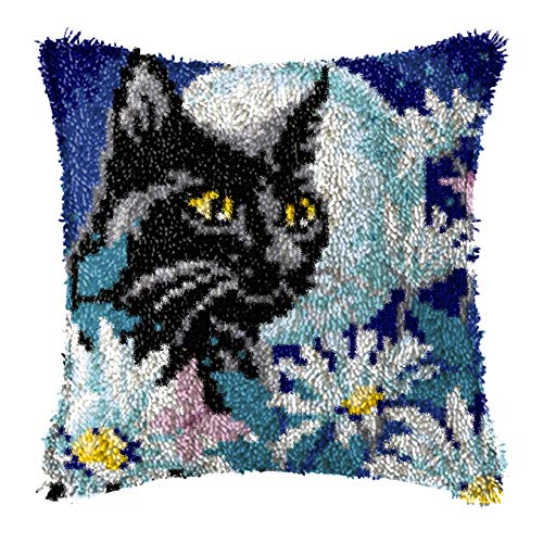 Lapatain Latch Hook Kits For Diy Throw Pillow Cover,Black Cat Needlework Cushion Cover Hand Craft Crochet For Great Family 17X17Inch #TOP24