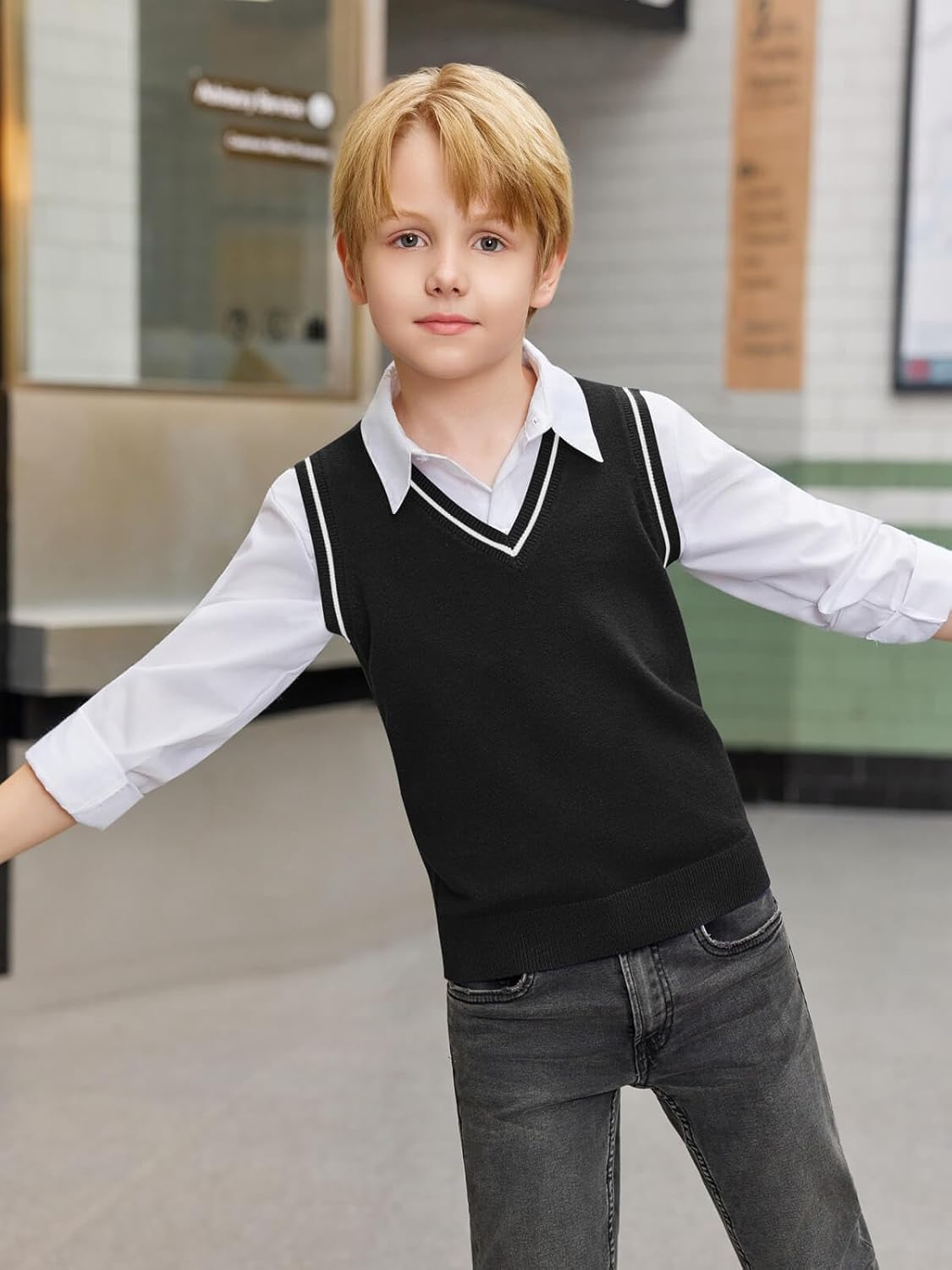 Haloumoning Boys Sweater Vest Kids Uniform Vest Casual V Neck Knit Pullover Sweater 5-14Y - Image 5
