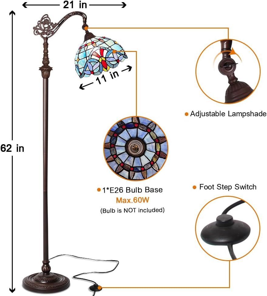 Capulina Tiffany Lamp Stained Glass Floor Lamp 62 Inches Tall Antique Victorian Soft Light Arched Adjustable Angle Tiffany Style Reading Lamp for Living Room Bedroom Home Office