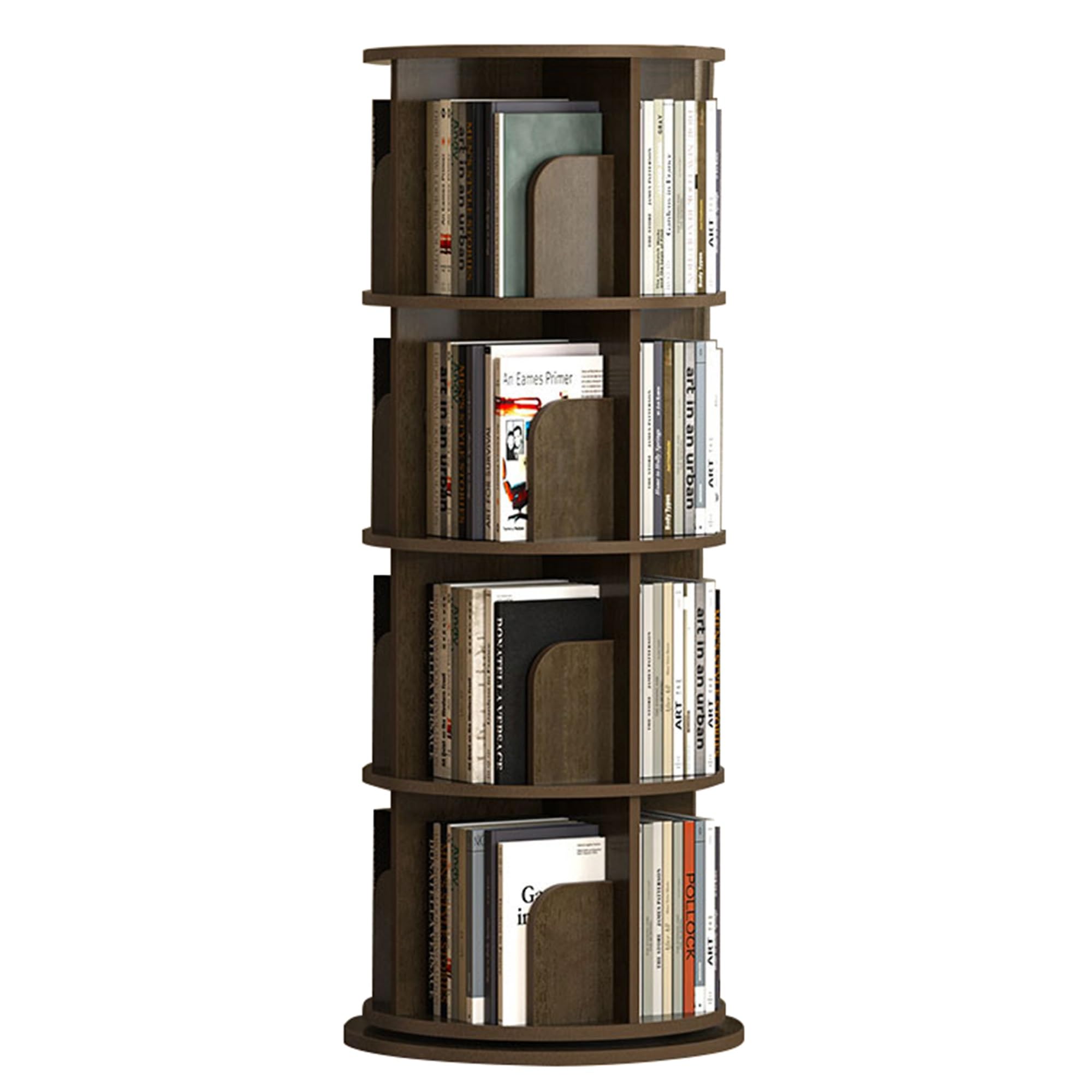 ASerZenith 360 Rotating Corner Bookshelf Storage Rack For Small Spaces Floor Standing Narrow Bookcase Organizer For Bedroom Or Living Room 3 Tier Display Shelf (Walnut 4Tier)