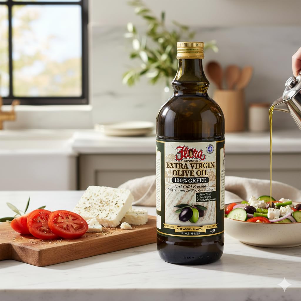 Flora Foods 100% Extra Virgin Greek Olive Oil - First Cold Pressed - 1 Liter Glass Bottle Extracted from Koroneiki Olives - 34 FL oz