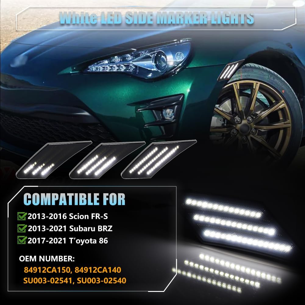 Sequential LED Side Marker Lights for 2013-2016 Scion FR-S, 2013-2021 Suba-ru BRZ, 2017-2021 Toyo-ta 86, Smoked Lens Side Bumper Marker Lights, Scion Front White LED Turn Signal Lamps, 2 PCS