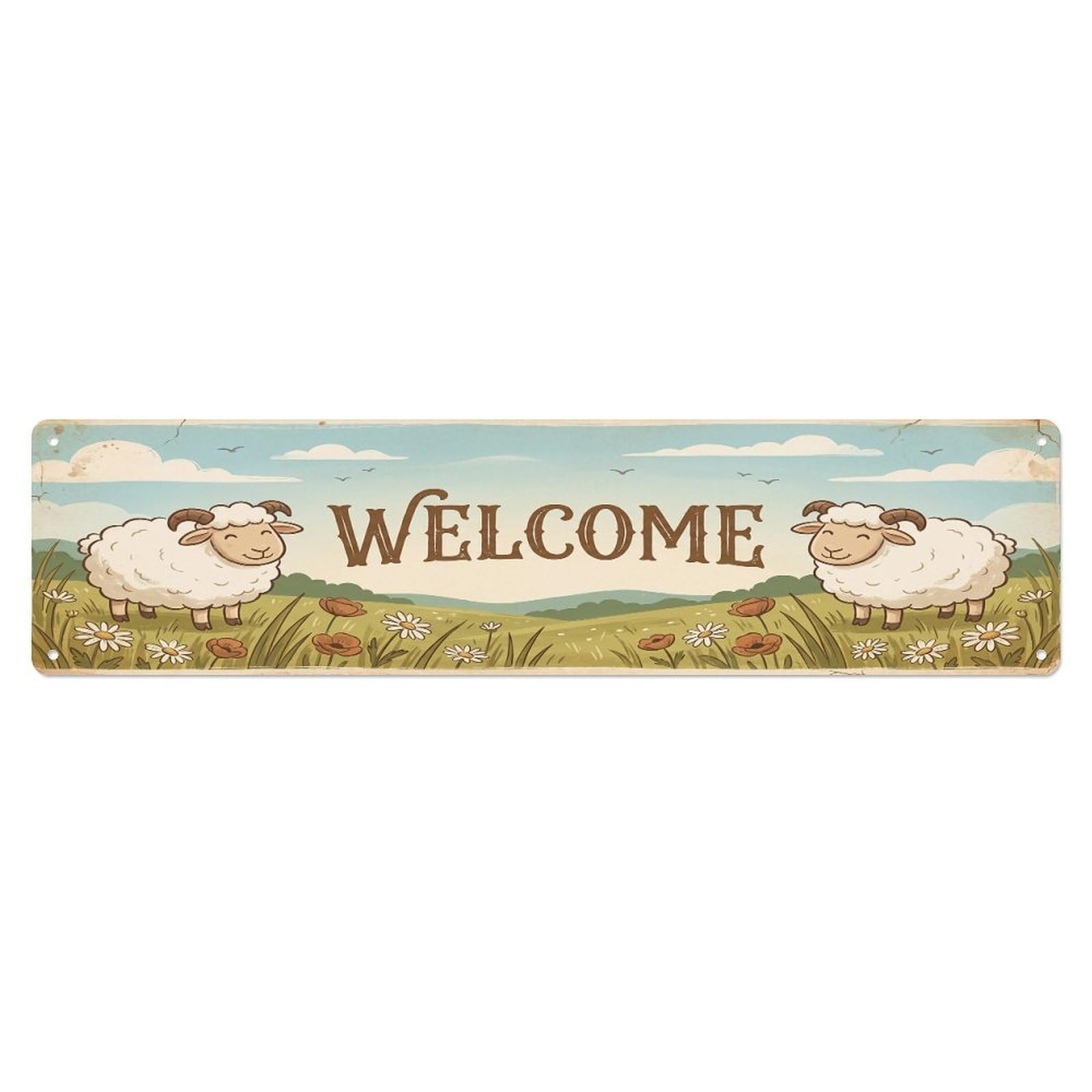 Olhnbad 4X16inch(10X40cm) Vintage Welcome Sheep Meadow Metal Tin Sign