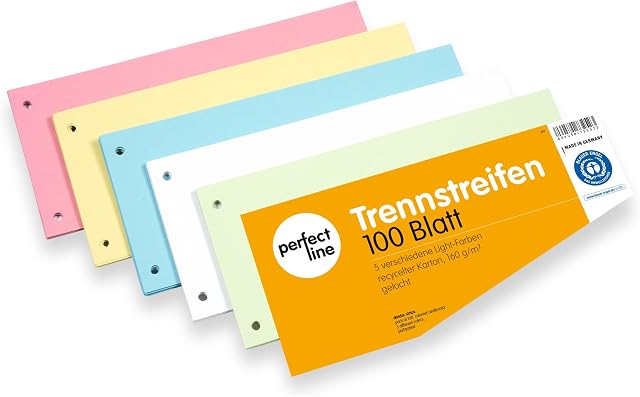 perfect line 100 sztuk pasków do segregacji papieru w kształcie trapezu, separatorów segregatorów w 5 jasnych kolorach, sortowane, 180 g/m², idealny sposób na organizowanie segregatorów w biurze i w domu