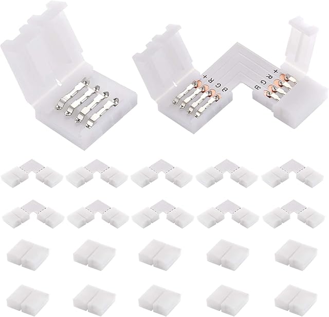 EKSAVE 4 Pin RGB LED Light Strip Connectors 12V 72W 10mm L Shape led connectors for SMD 5050 Multicolor LED Strip (20Pcs)