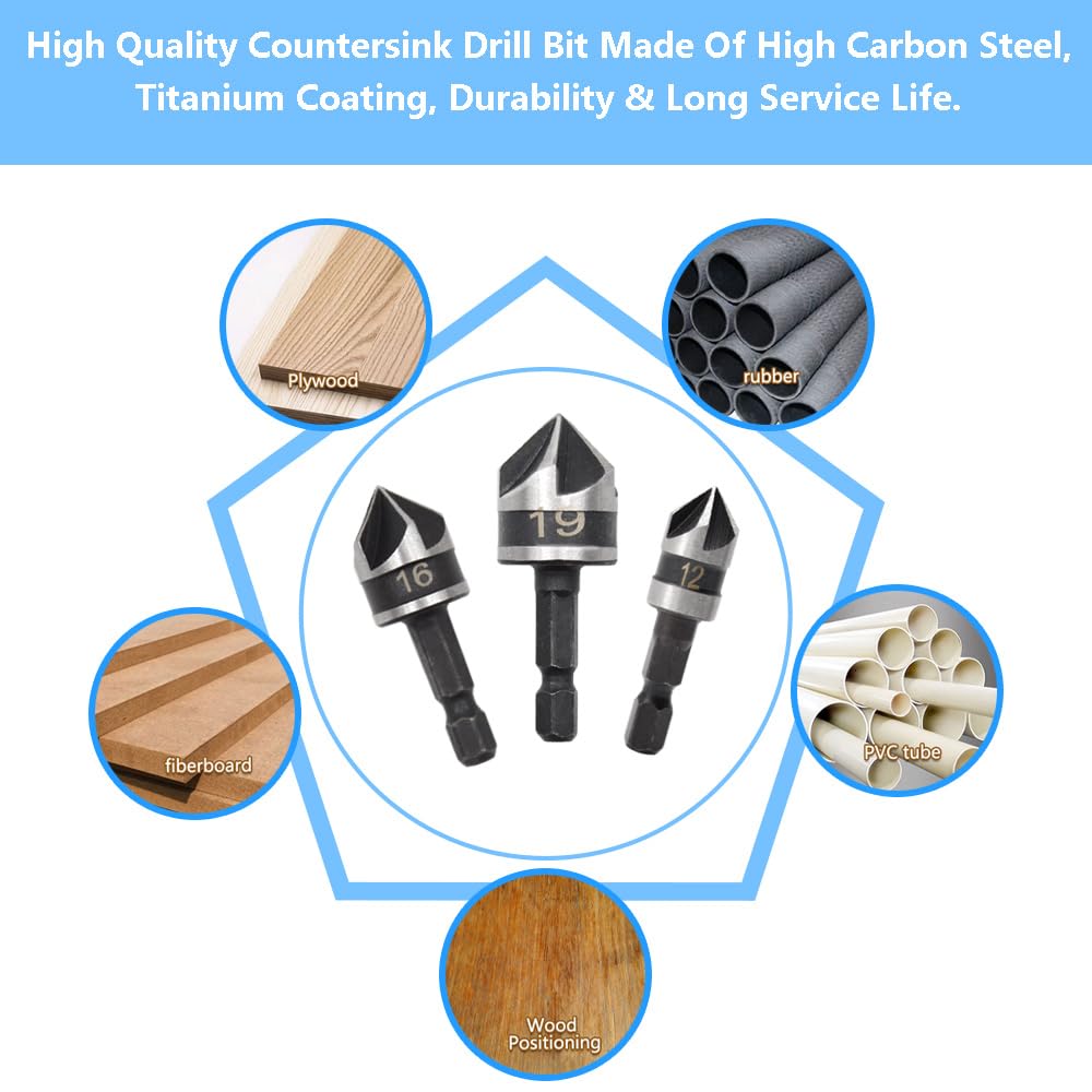 3 Pezzi Hex Countersink Drill Bit Set 5 Flute Gambo Esagonale Punte Trapano Trapano a 5 Taglienti a 90 Gradi Possono Essere Utilizzate Legno e Metallo (12/16/19mm)