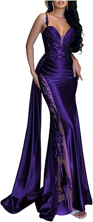 Mermaid Satin Prom Dresses for Women 2025 Spaghetti Straps V-Neck Lace Appliques Formal Evening Party Gown with Slit