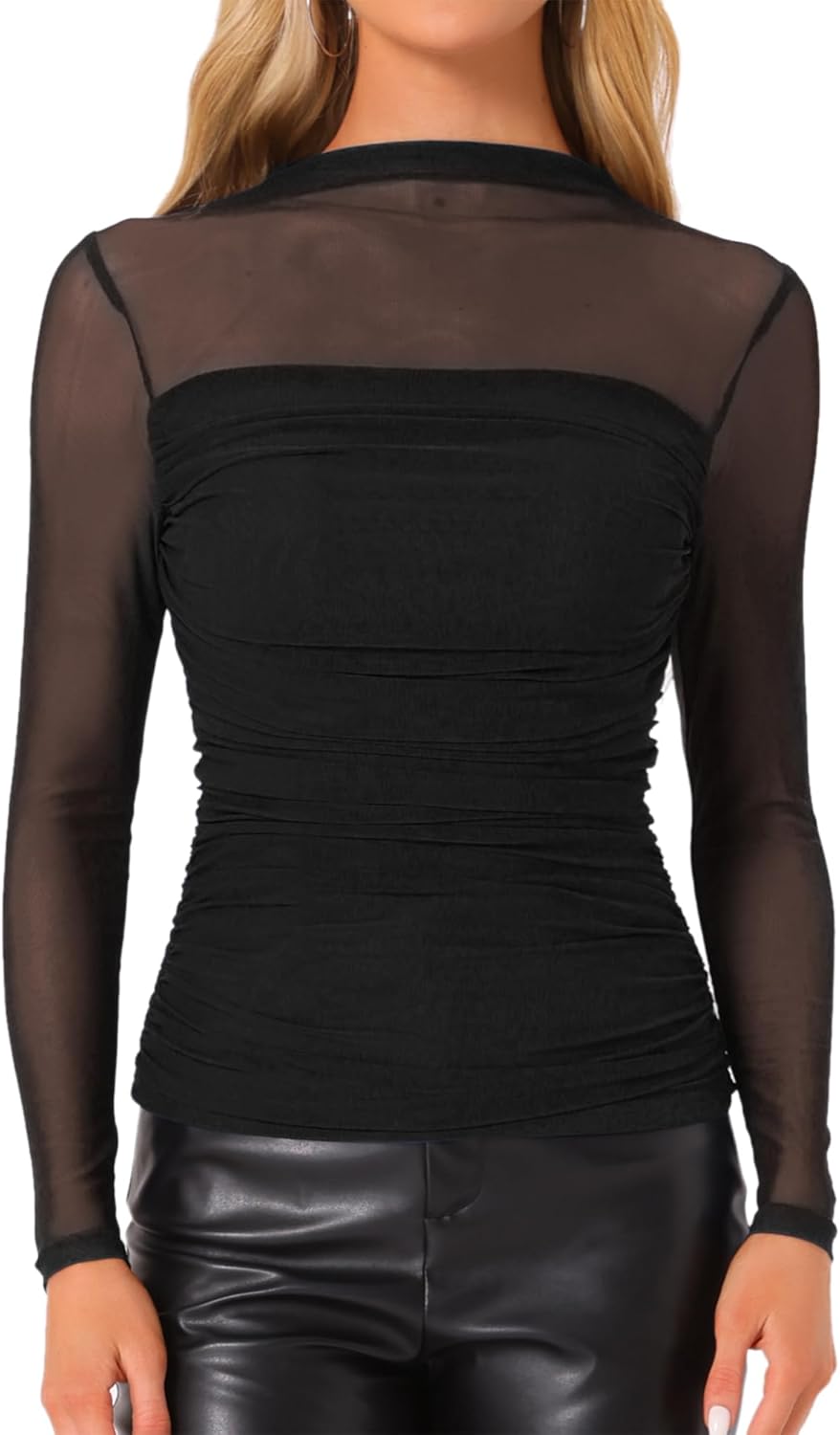 Allegra K Mesh Top Women Sheer See Through Long Sleeve Mock Neck Slim Fit Ruched Shirts Trendy Casual Going Out Tops Blouses