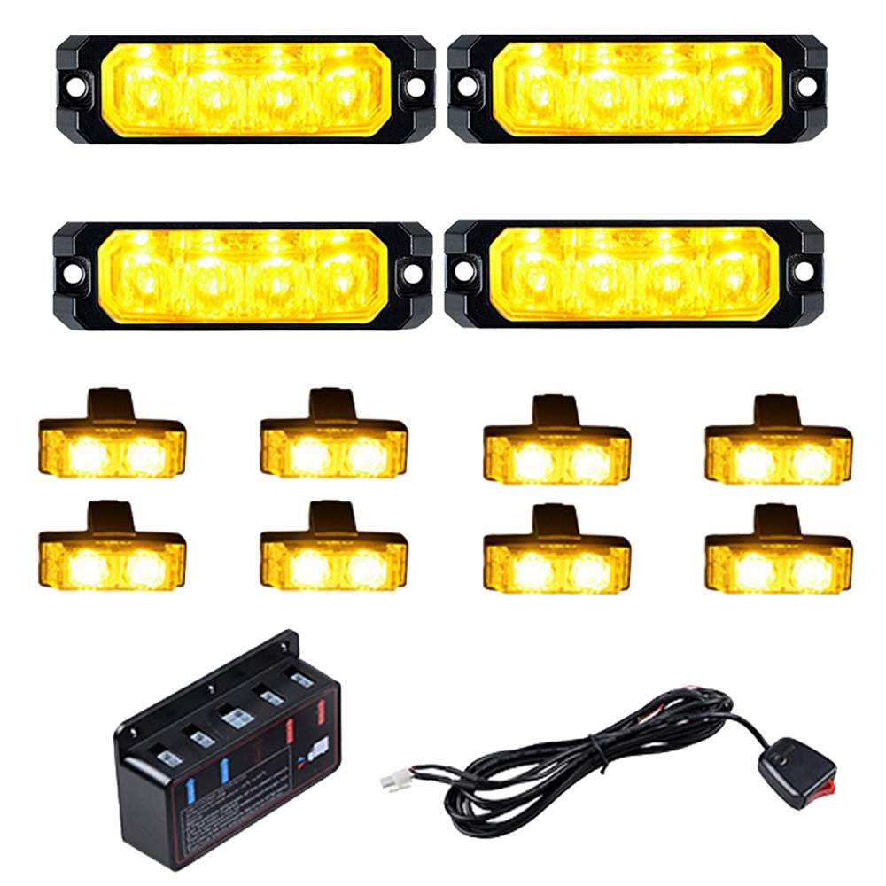 4pcs Amber 4-LED Waterproof SYNC Strobe Lights + 8pcs Amber 2-LED Warning Emergency Grill Flashing Lamps for Car Truck 12V