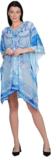 DRESSPRINTED Women’s V-Neck Digital Print Kaftan – Free Size (S-4XL) – Lightweight Crepe Fabric for Beach &amp; Casual Wear Mu...