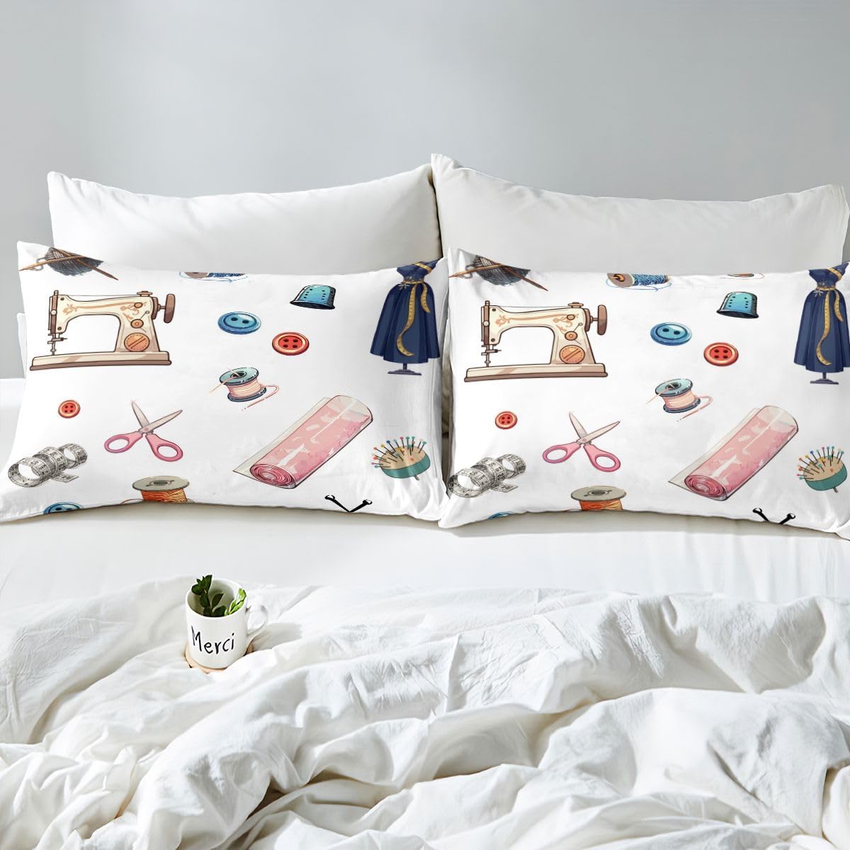 Erosebridal Sewing Bed Sheets Set King Buttons Sheet Set Sewing Machine Scissors Measuring Tape Sheets Needle Thimble Spool Mannequin Flat Fitted Sheet