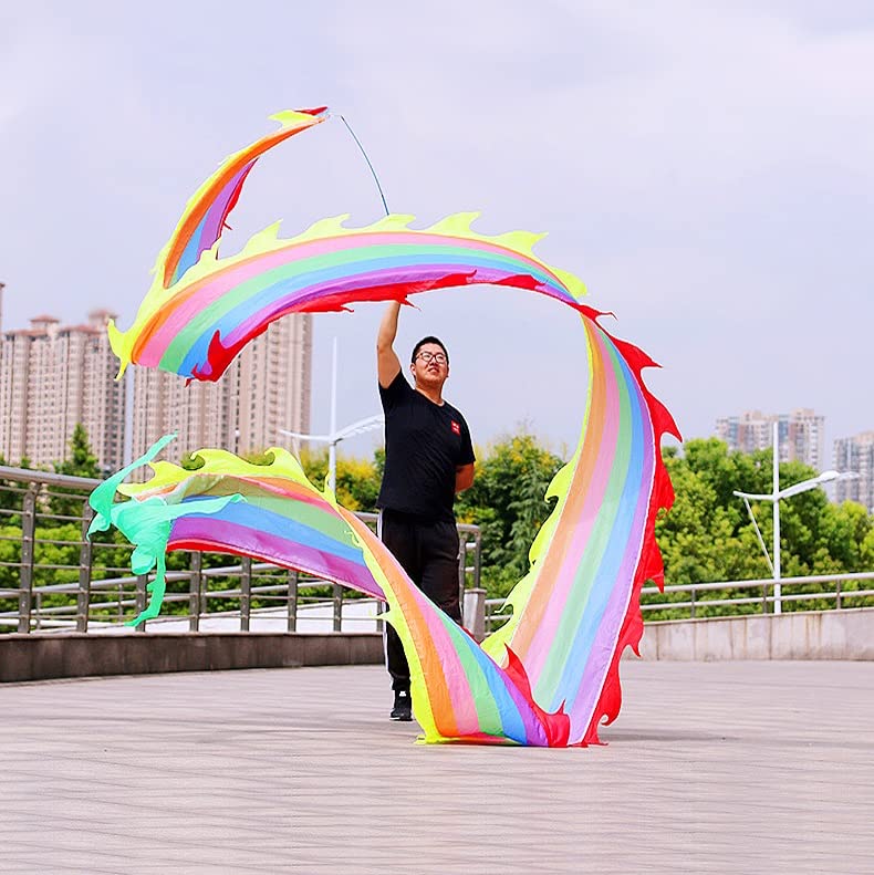 Washable Silk-like Rainbow Dragon Ribbon Streamer with Adjustable Rod - Outdoor Flinging Fitness Dragon Dance Wu Long Rainbow Color Dragon Poi with Foam Handstick + Travel Bag! (10 Meters (32.8FT))-image-32