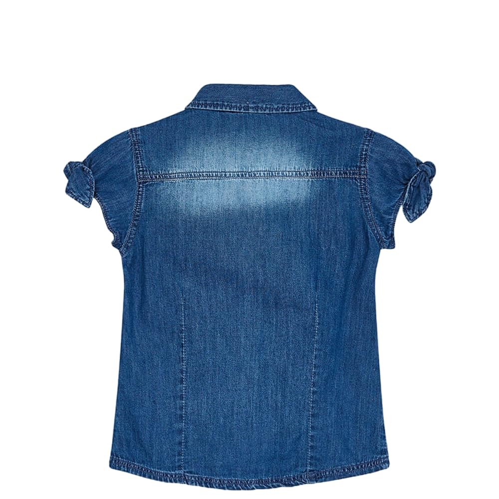 Generico Camisa vaquera para niña con mangas cortas rizadas y bolsillos delanteros, color azul, estilo casual y cómodo, perfecta para primavera y verano, 3106