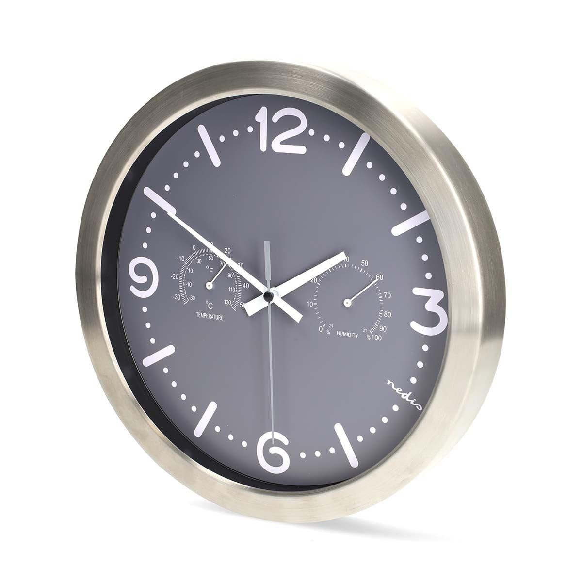 NEDIS Analogue Wall Clock, Silent Non-Ticking Quartz Movement with Thermometer and Hygrometer, Stainless Steel Frame for Office and Home, 30cm - Silver/Grey