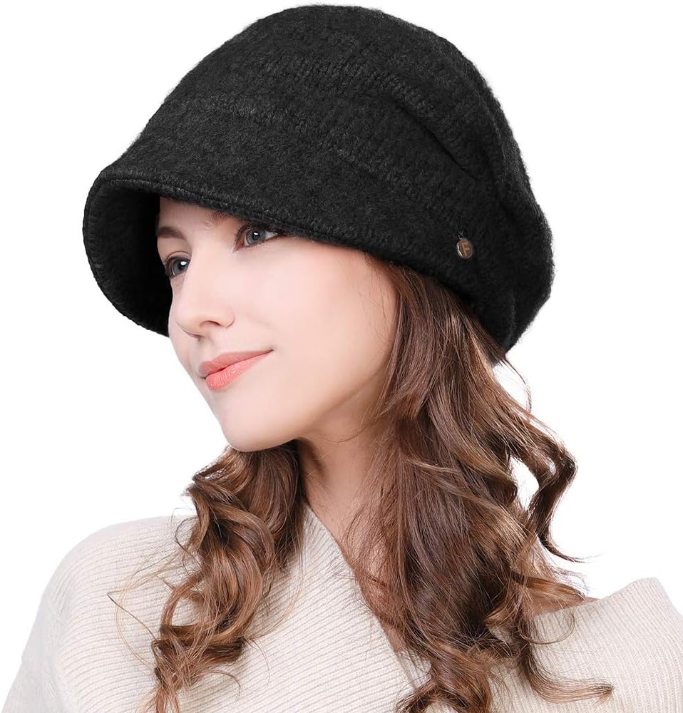 Fancet Womens Wool Blend Knit Visor Beanie Black Cloche Hat Baker Boy Hat Newsboy Cabbie Peaked Beret Warm Lined Casual Winter Hats 55-59CM