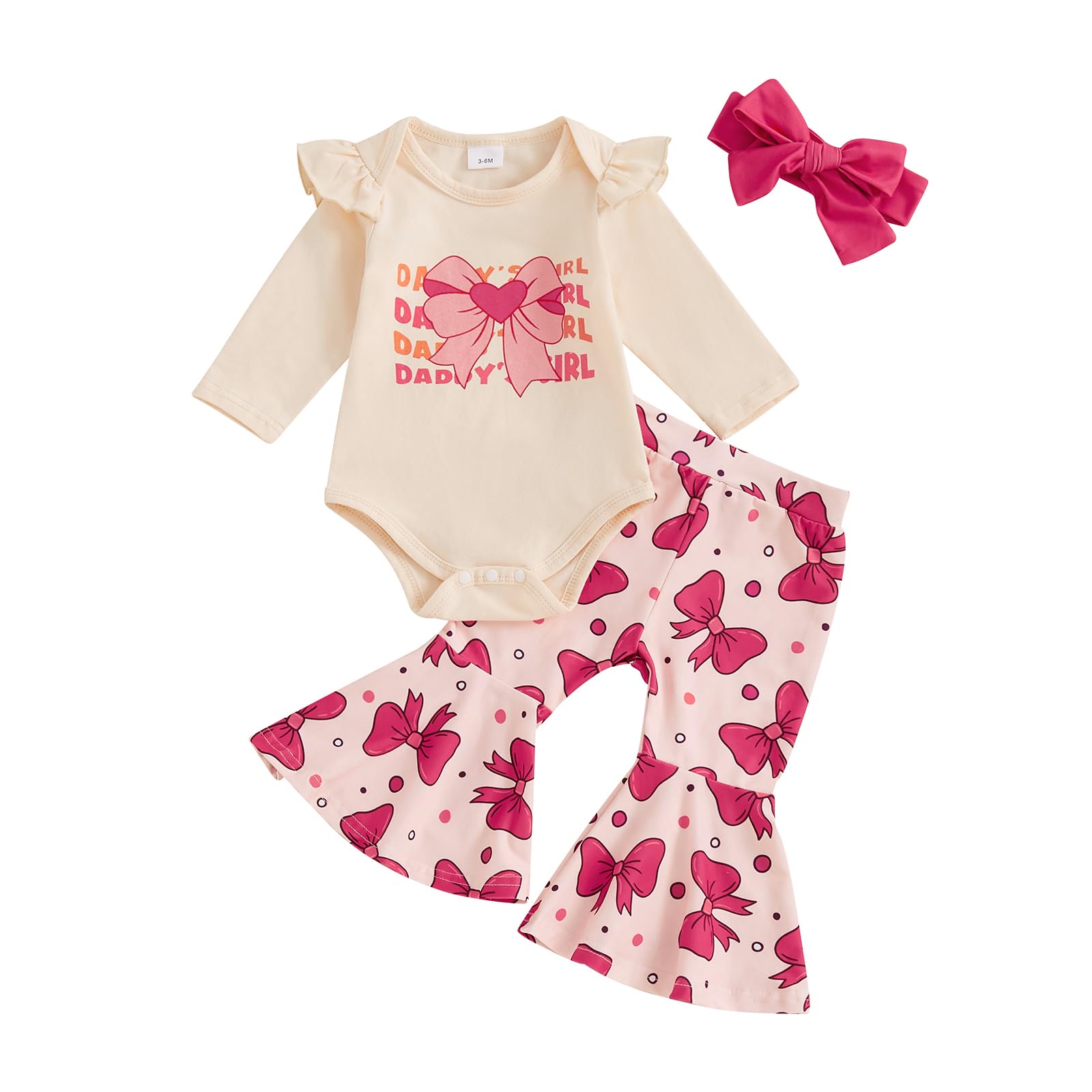 2Pcs Set Infant Baby Girl Clothes Daddys Girl Bow Print Ruffles Long Sleeve Sweatshirt Elastic Flared Pants Set