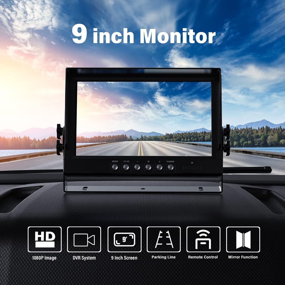 Monitor per Auto da 9" LCD, 4 Canali 4CH, Schermo Diviso Quadrato per Telecamera di Retromarcia per Auto e Camion