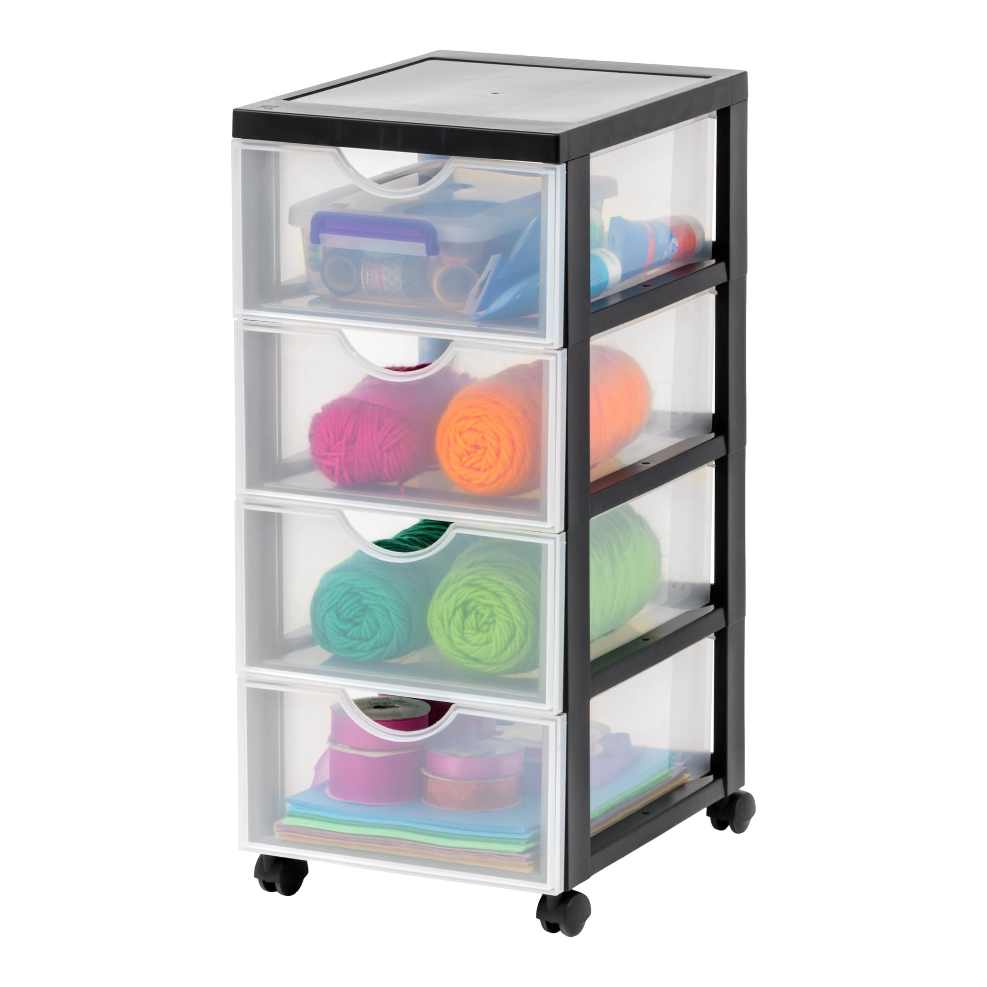 Iris Ohyama Kunststoff-Schubladenbox mit Rollen, 4 flachen Schubladen, Schwarz, Griffe zum Ziehen, Für Schlafzimmer, Schule & Büro, BPA-frei, Schubladenschrank, Rollcontainer, A4 Drawer, DDDC-004