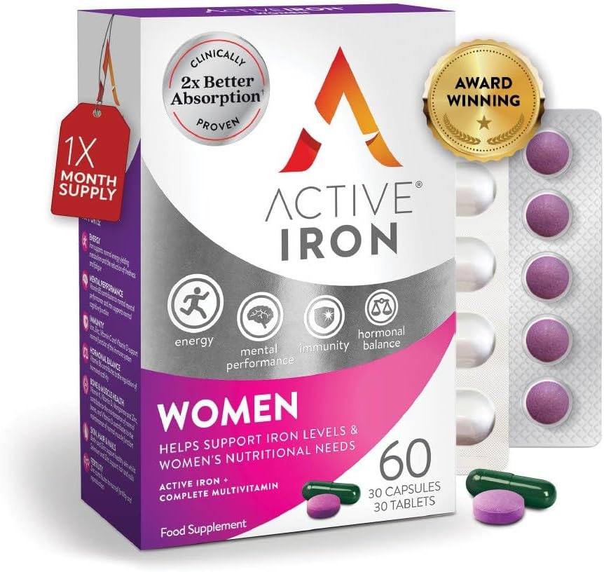 Active Iron Supplement 17 mg + Multivitamin for Women – Clinically Proven to Increase Energy & Reduce Tiredness – Gentle, Non-Constipating Iron + Women’s Multivitamin – 30 Capsules + 30 Tablets