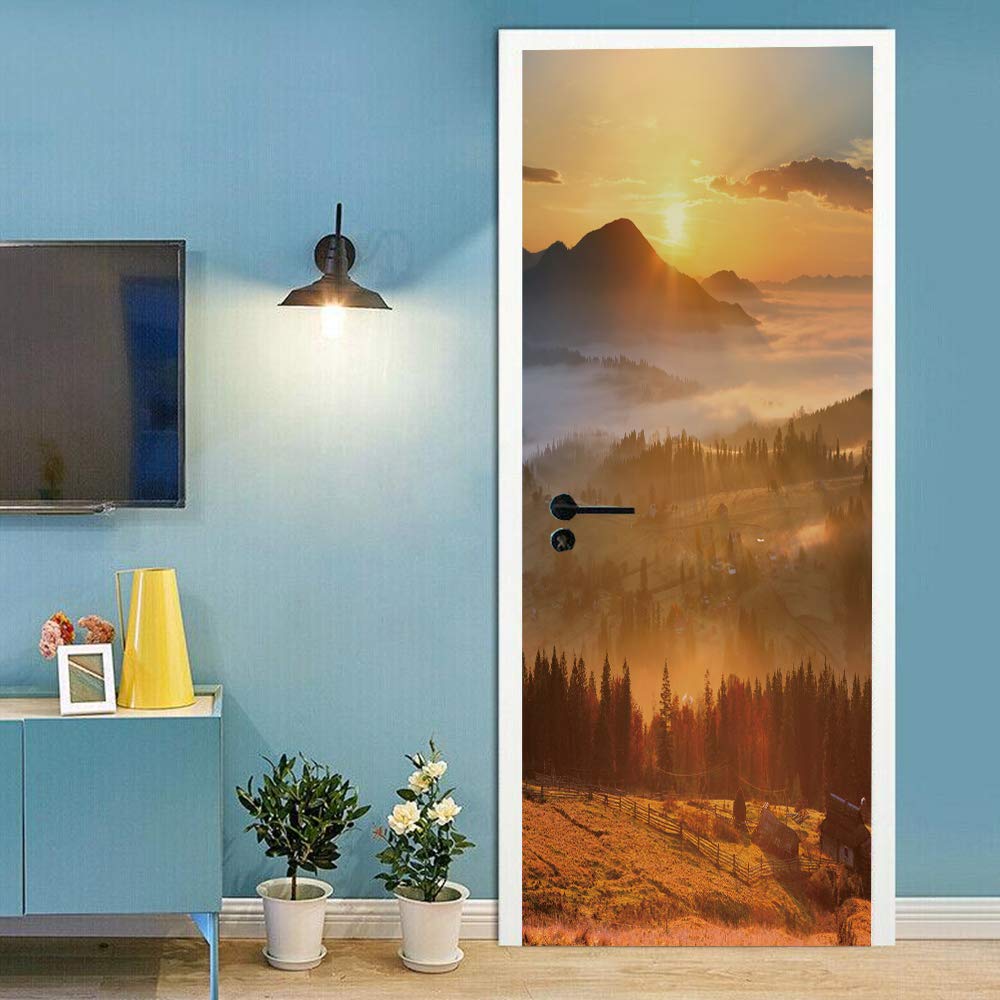 Sticker porte trompe l'oeil forêt montagne coucher de soleil poster mural panoramique amovible