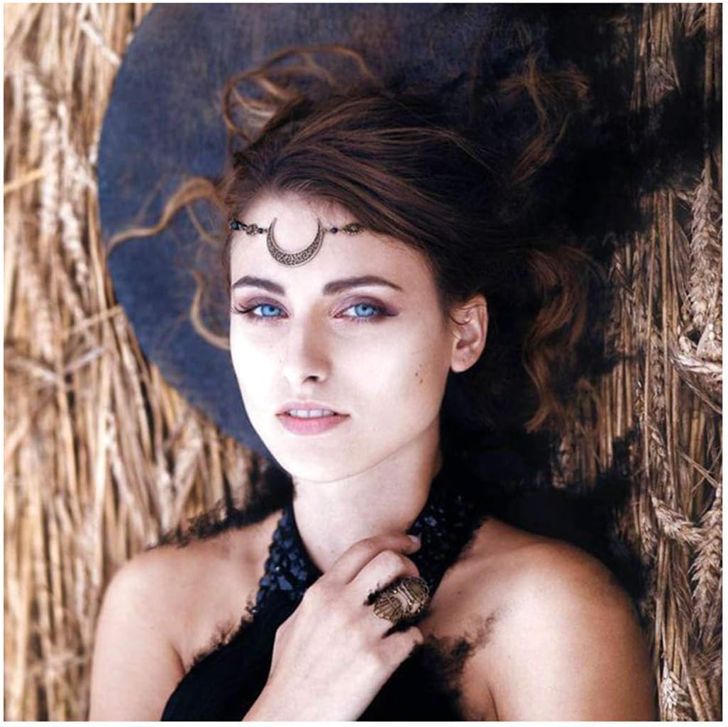 CanB Boho Moon Head Chain Charm Vintage Hair Chain Festival Forehead Jewelry Silver Gypsy Headpiece Hair Accessory for Women Girls