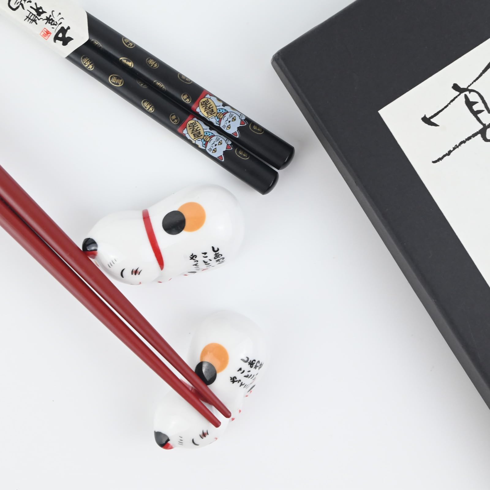 Zestaw 2 par pałeczek do sushi, kot panda, chińskie, japońskie, koreańskie, drewniane, pałeczki do jedzenia, można myć w zmywarce, z ceramiczną podkładką Cat Panda (kot)
