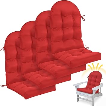 Geelin 4 Pcs Outdoor Patio Chair Cushion Thick High Back Adirondack Chair Cushion Tufted Weather & Fade Resistant Anti-Slip Outside Rocking Chairs Pads with Ties, 44 x 19 x 4 Inch Red