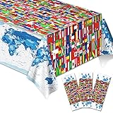 3 Pieces International Flag Tablecover World Flag Party Tablecloth Decorations Disposable Plastic...