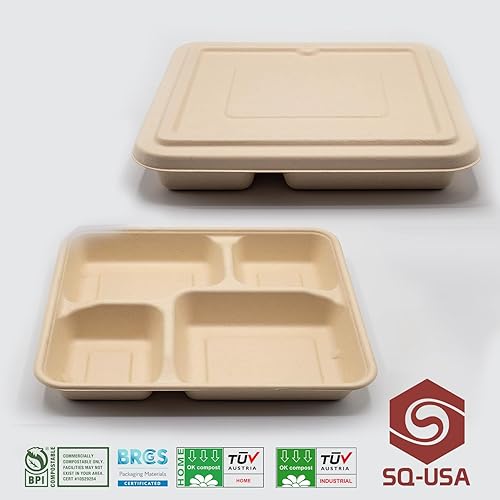 Miniatura 5 de Recipientes de comida para llevar certificado BPI, 9 x 9 pulgadas, 4 compartimentos, cajas Bento con tapas, paquete de 25 unidades, naturales