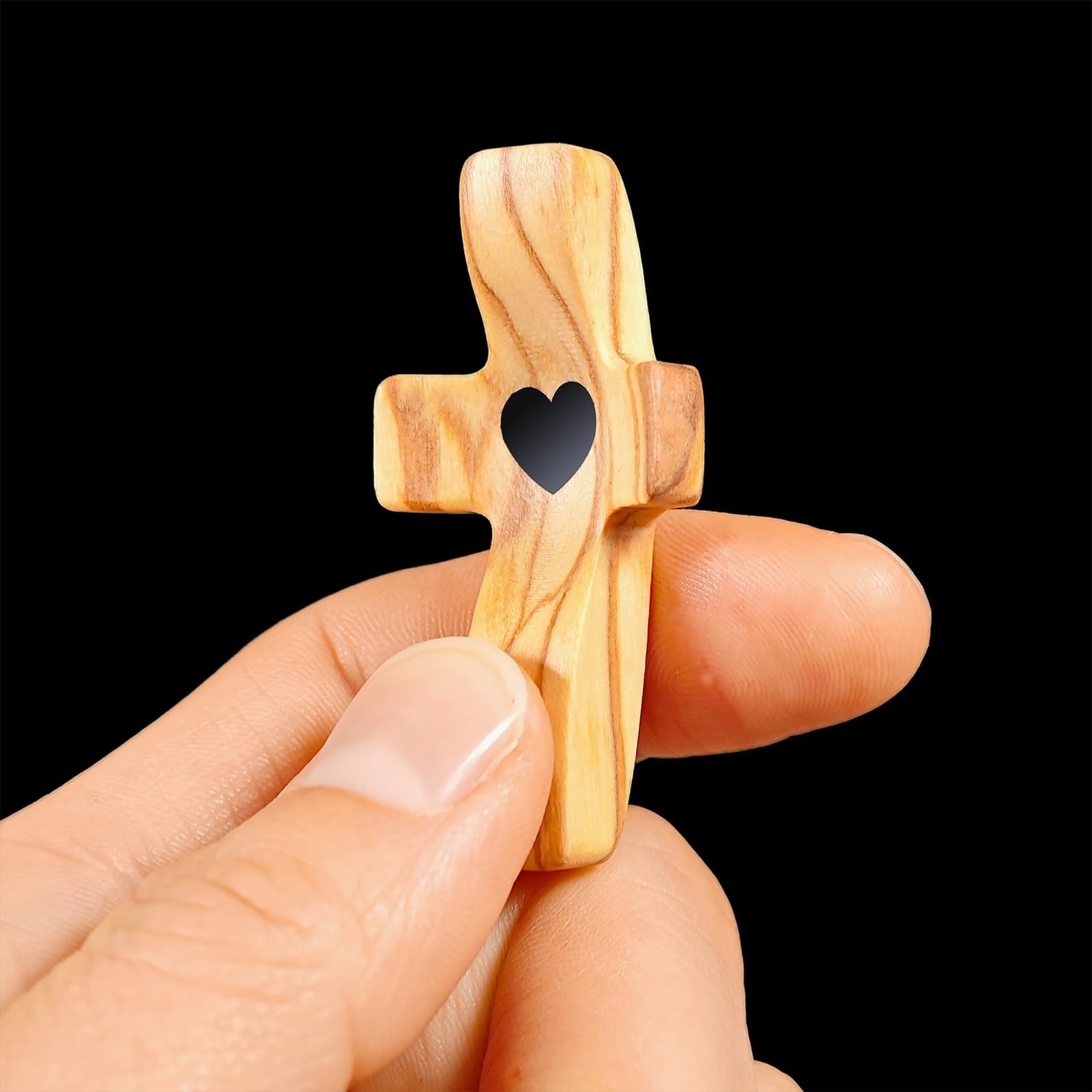 Cruz de Madera Hecha a Mano "Mi Corazón", Regalos para Aliviar el Estrés con los Dedos, Rezo Orar Ánimo Cruz Pequeña de Bolsillo para Adultos Que Rezan, Se Aferran y Se Aferran(Black heart - B(3PC))