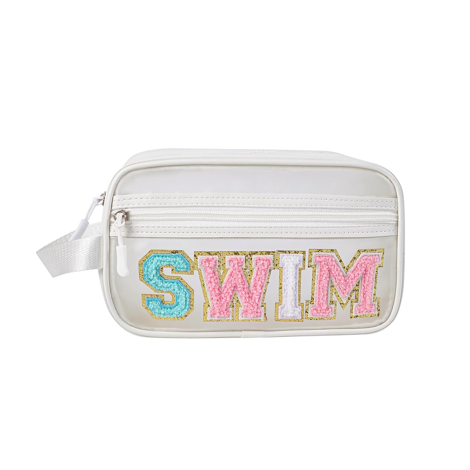Lestikave Clear Frosted Chenille Letter Makeup Bag， Translucent Frosted Waterproof Cosmetic Bag for Women and Girls, Sunscreen Accessories Storage Organization（03SWIM）
