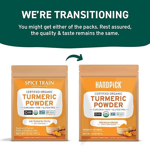 Miniatura 2 de SPICE TRAIN - Cúrcuma orgánica de la India (14 onzas), hecha de la raíz, su pureza ha sido probada en laboratorio, sin organismos genéticamente